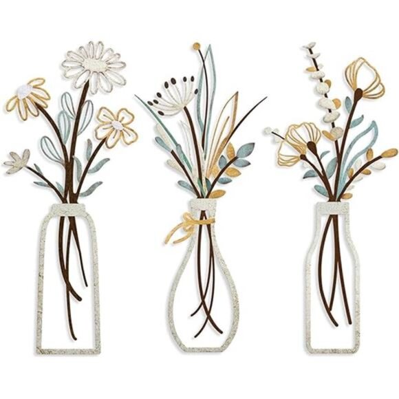3 Pieces Metal Flowers Wall Arts -Rustic Farmhouse Decor Beige Minimalist Flower - Picture 7 of 7